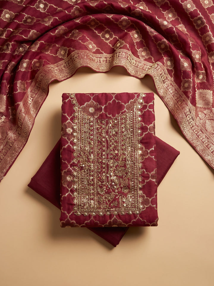 Maroon Embroidered Chanderi Unstitched Suit With Pant &amp; Dupatta