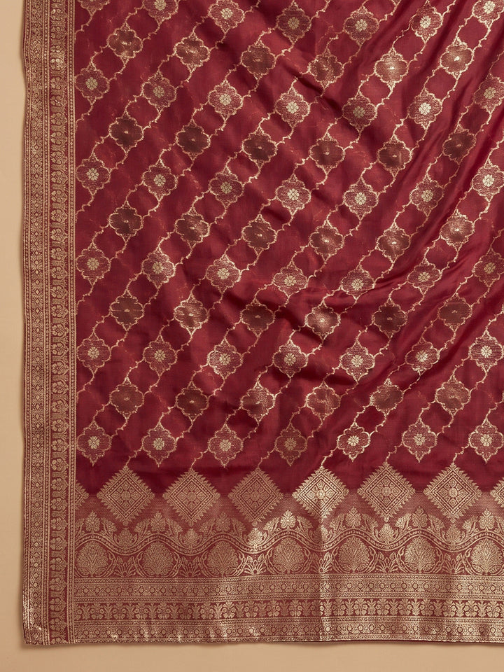 Maroon Embroidered Chanderi Unstitched Suit With Pant &amp; Dupatta