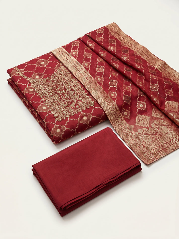 Maroon Embroidered Chanderi Unstitched Suit With Pant &amp; Dupatta