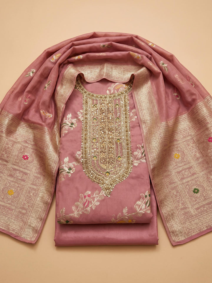 Peach Embroidered Chanderi Unstitched Suit With Pant &amp; Dupatta