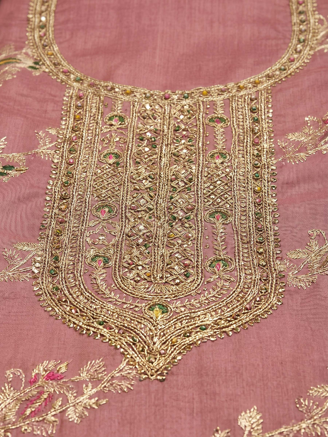 Peach Embroidered Chanderi Unstitched Suit With Pant &amp; Dupatta