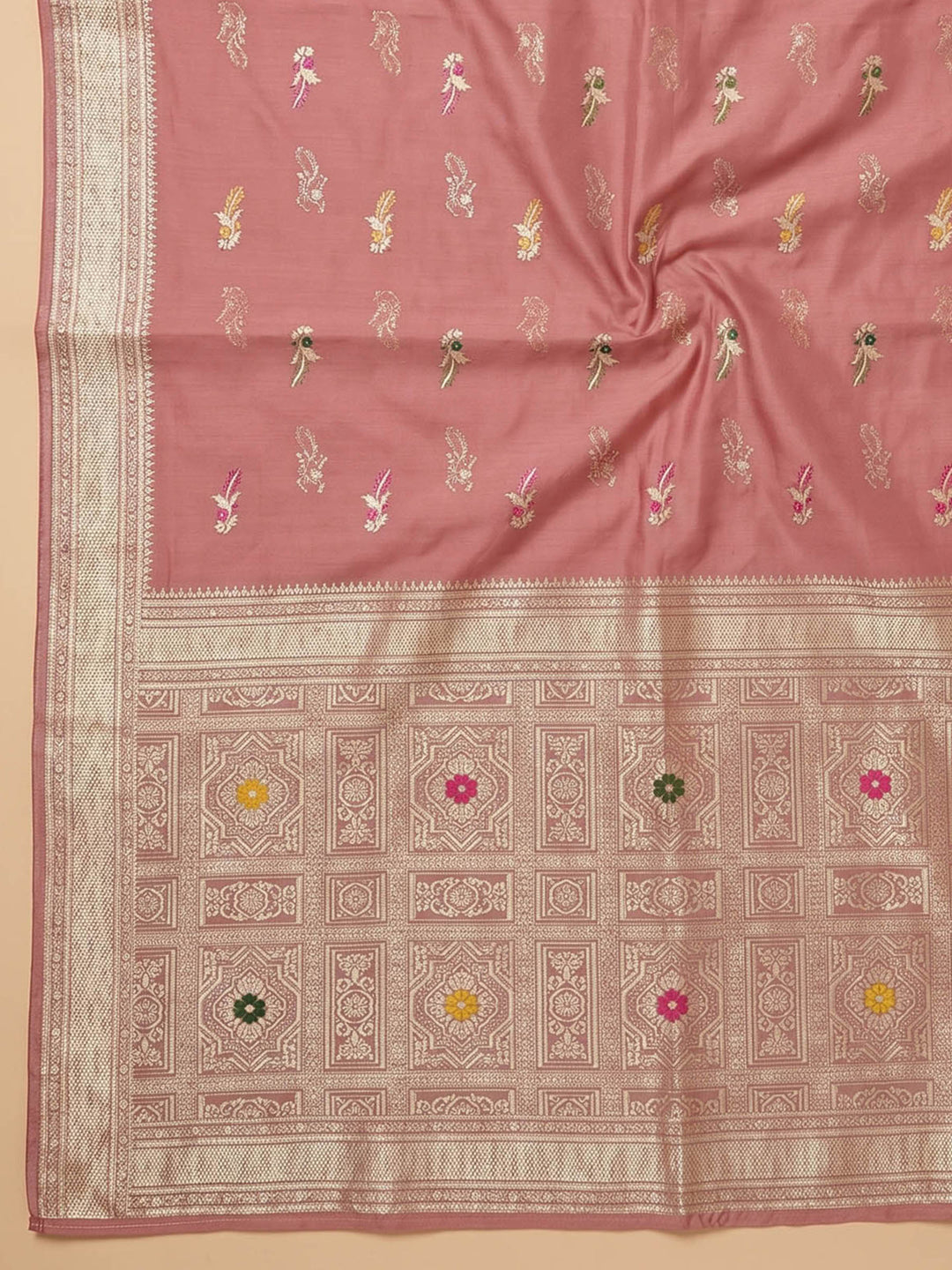 Peach Embroidered Chanderi Unstitched Suit With Pant &amp; Dupatta