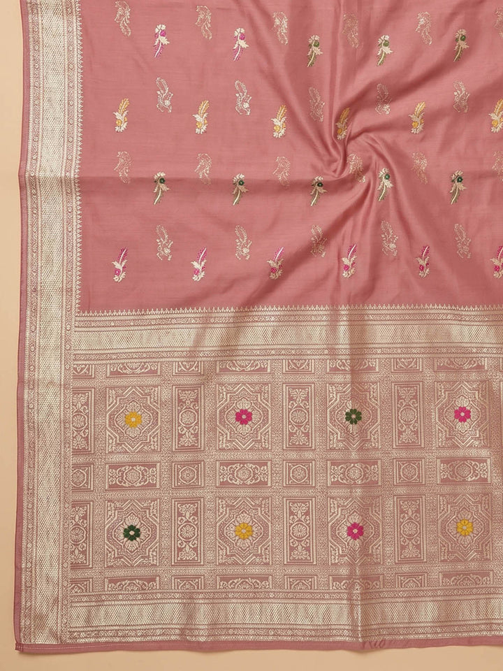 Peach Embroidered Chanderi Unstitched Suit With Pant &amp; Dupatta