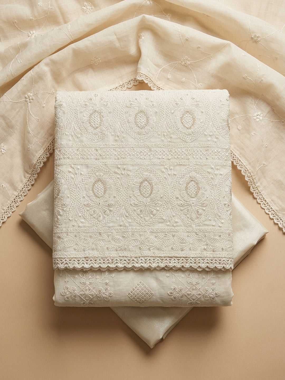 Off White Woven Chanderi Unstitched Dress Material