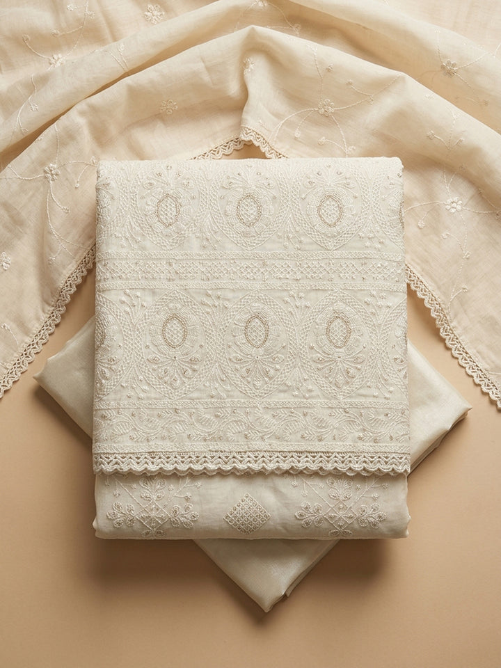 Off White Woven Chanderi Unstitched Dress Material