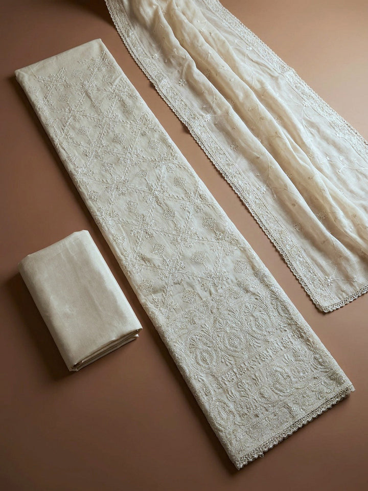 Off White Woven Chanderi Unstitched Dress Material