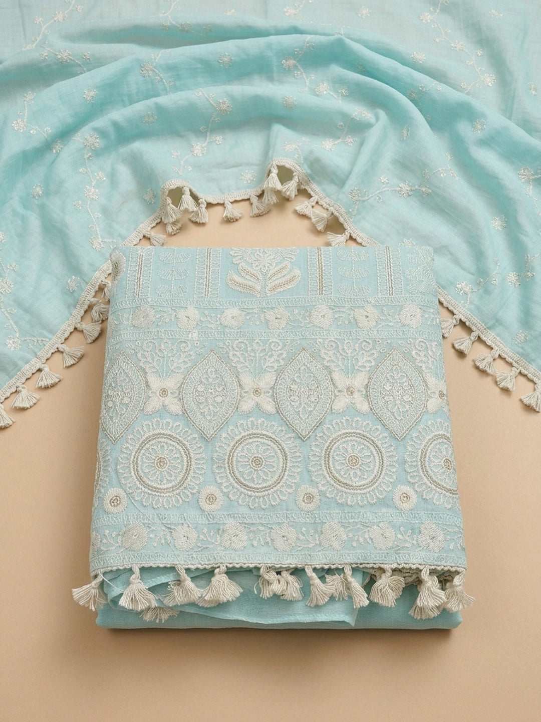 Blue Embroidered Chanderi Unstitched Suit &amp; Pant With Chanderi Dupatta