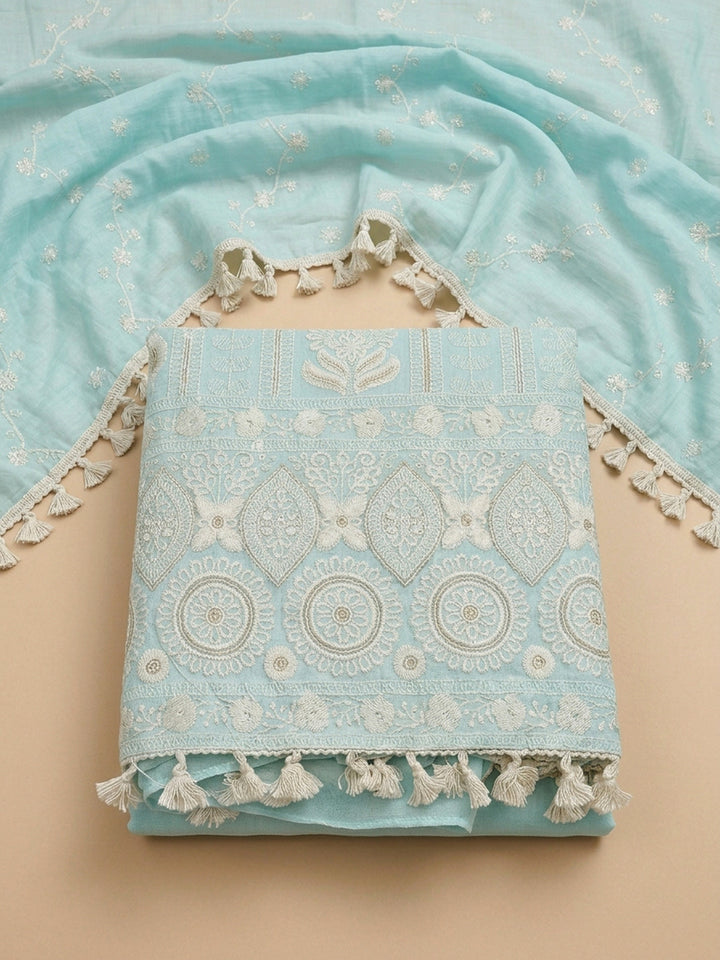 Blue Embroidered Chanderi Unstitched Suit &amp; Pant With Chanderi Dupatta