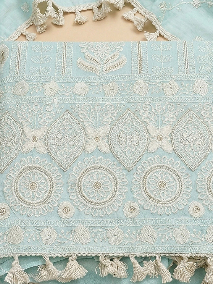 Blue Embroidered Chanderi Unstitched Suit &amp; Pant With Chanderi Dupatta