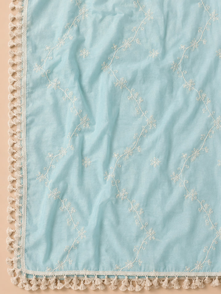 Blue Embroidered Chanderi Unstitched Suit &amp; Pant With Chanderi Dupatta