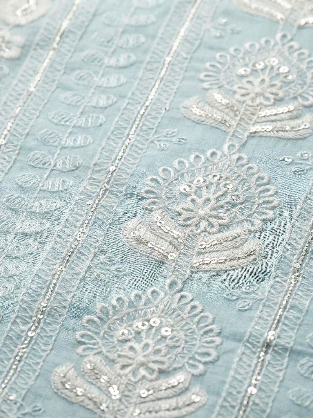 Blue Embroidered Chanderi Unstitched Suit &amp; Pant With Chanderi Dupatta