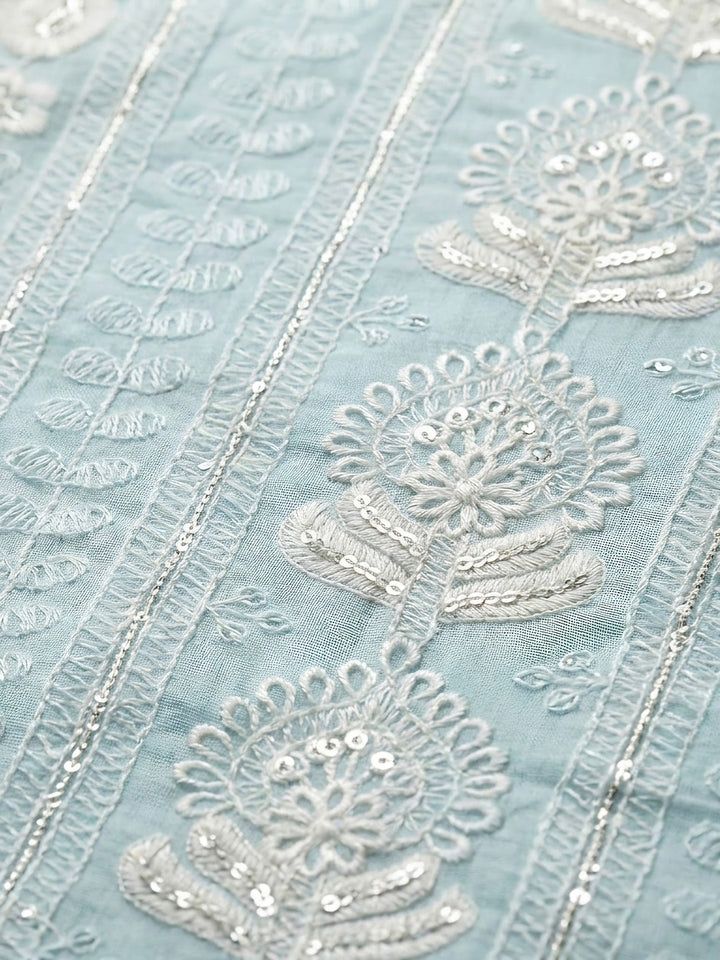 Blue Embroidered Chanderi Unstitched Suit &amp; Pant With Chanderi Dupatta