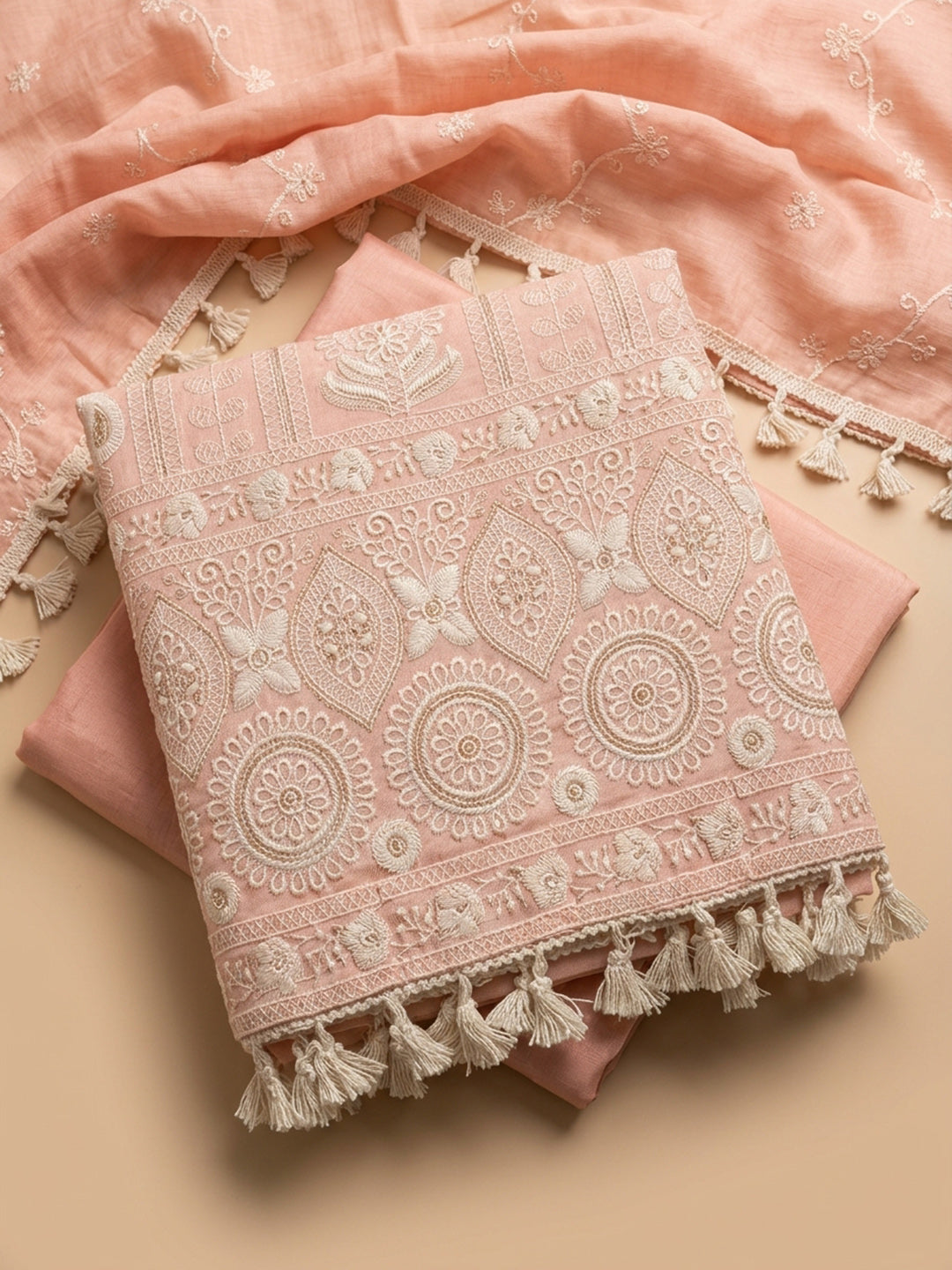 Peach Embroidered Chanderi Unstitched Suit &amp; Pant With Chanderi Dupatta
