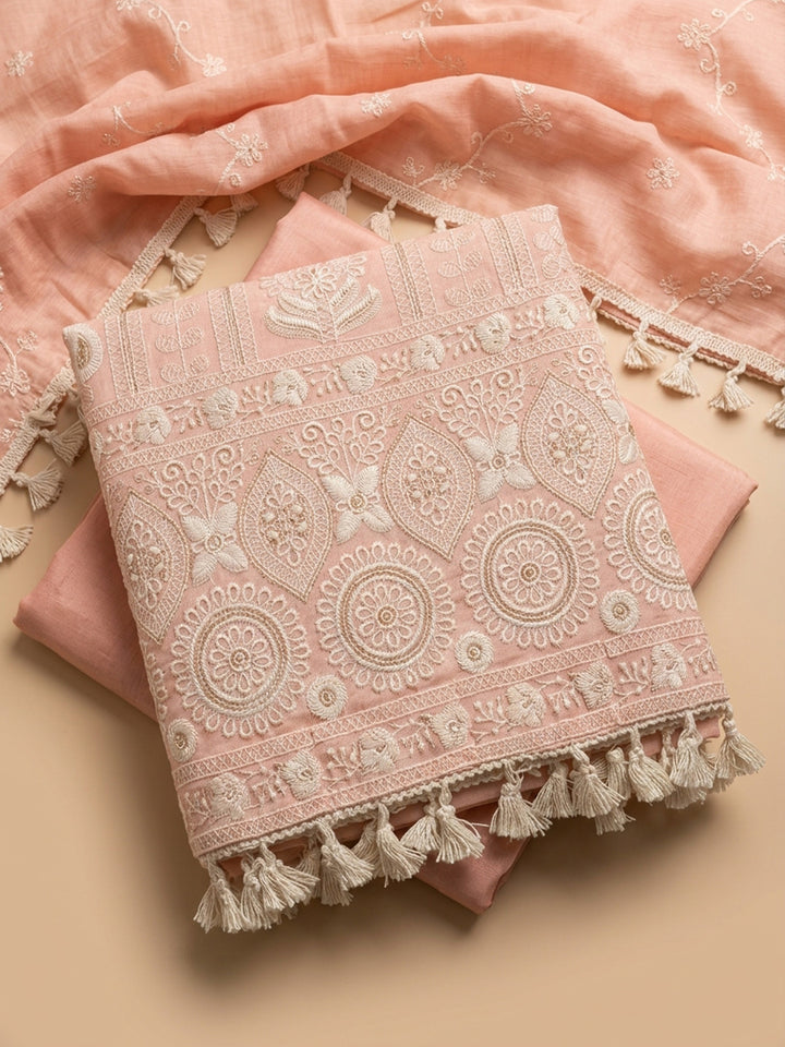 Peach Embroidered Chanderi Unstitched Suit &amp; Pant With Chanderi Dupatta