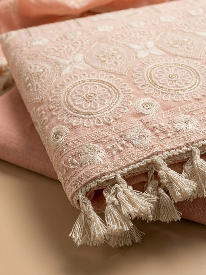 Peach Embroidered Chanderi Unstitched Suit &amp; Pant With Chanderi Dupatta