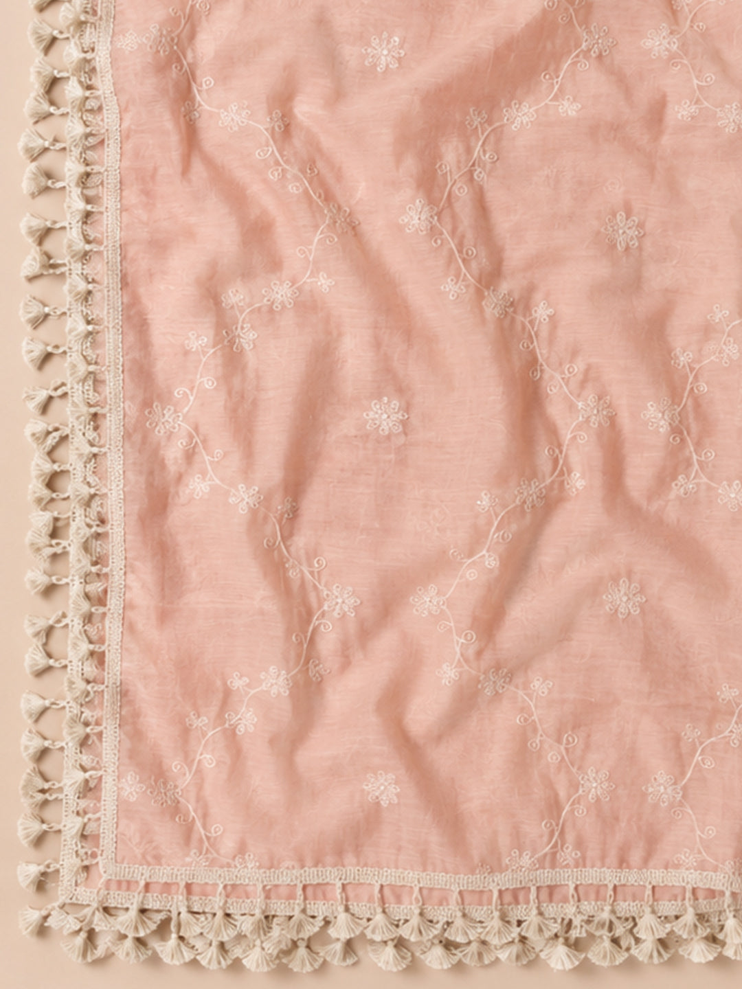 Peach Embroidered Chanderi Unstitched Suit &amp; Pant With Chanderi Dupatta