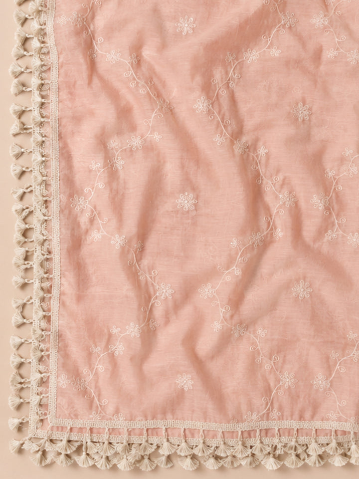 Peach Embroidered Chanderi Unstitched Suit &amp; Pant With Chanderi Dupatta