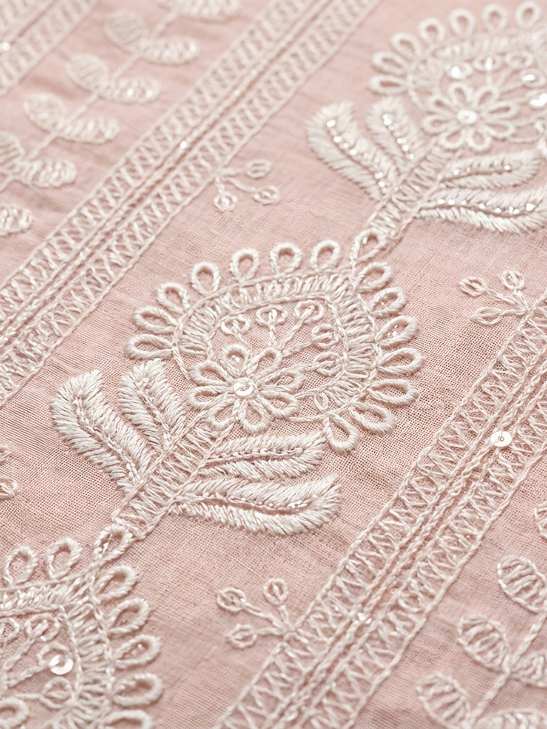 Peach Embroidered Chanderi Unstitched Suit &amp; Pant With Chanderi Dupatta