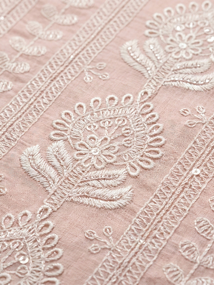 Peach Embroidered Chanderi Unstitched Suit &amp; Pant With Chanderi Dupatta