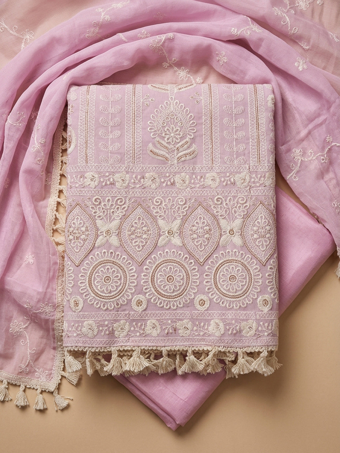 Pink Embroidered Chanderi Unstitched Suit &amp; Pant With Chanderi Dupatta