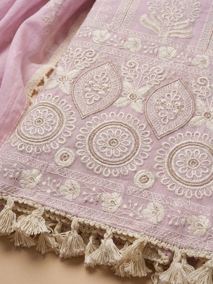 Pink Embroidered Chanderi Unstitched Suit &amp; Pant With Chanderi Dupatta