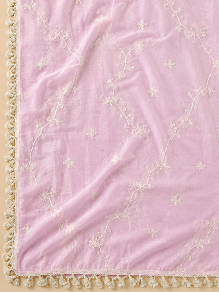 Pink Embroidered Chanderi Unstitched Suit &amp; Pant With Chanderi Dupatta