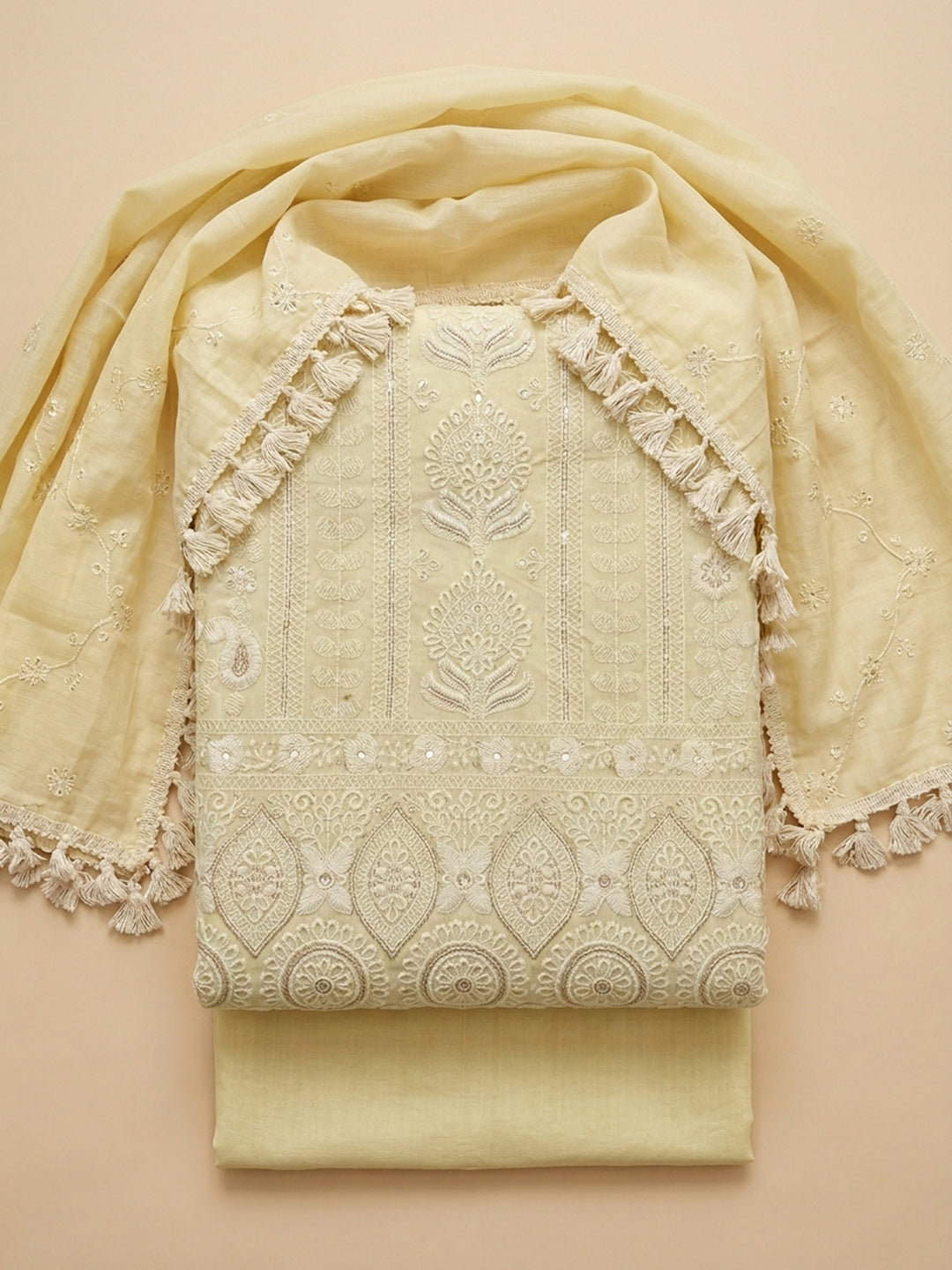 Yellow Embroidered Chanderi Unstitched Suit &amp; Pant With Chanderi Dupatta