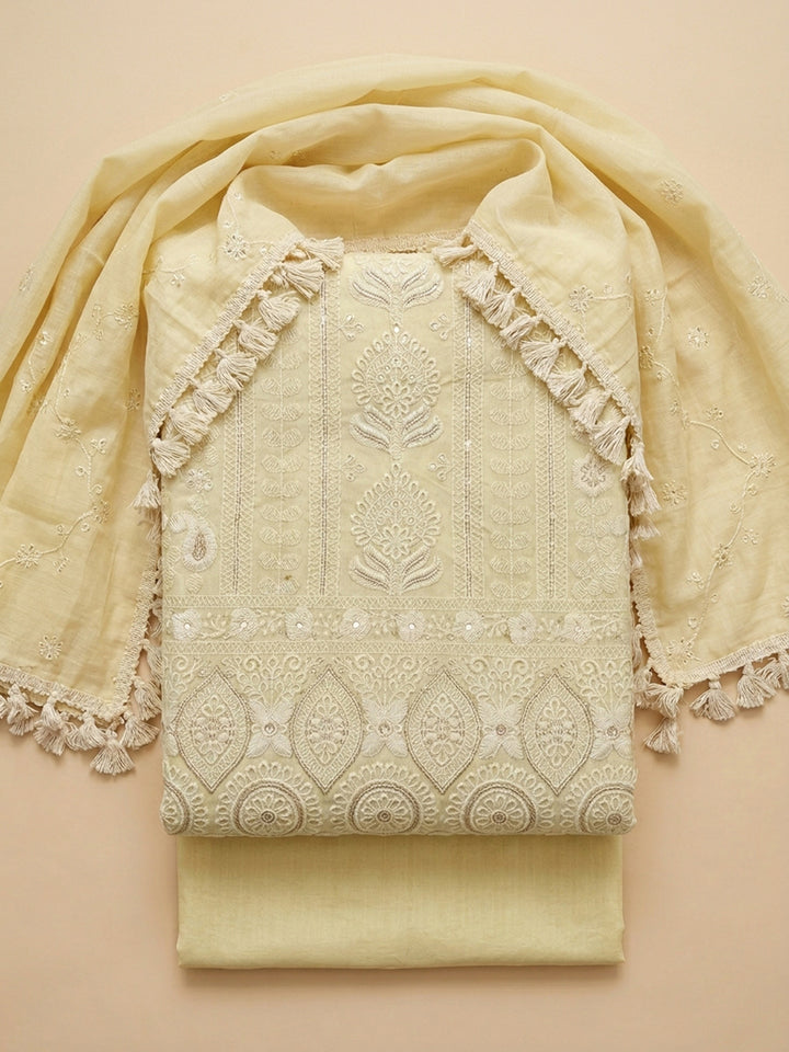 Yellow Embroidered Chanderi Unstitched Suit &amp; Pant With Chanderi Dupatta
