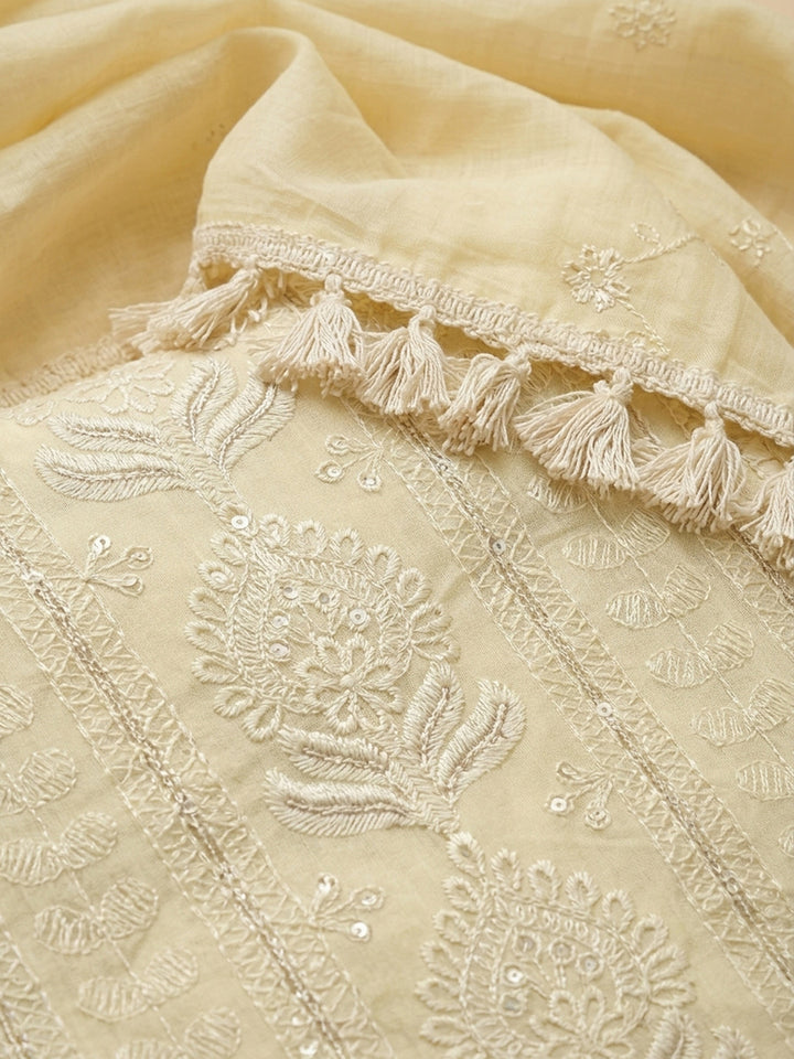 Yellow Embroidered Chanderi Unstitched Suit &amp; Pant With Chanderi Dupatta