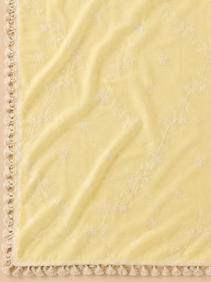Yellow Embroidered Chanderi Unstitched Suit &amp; Pant With Chanderi Dupatta