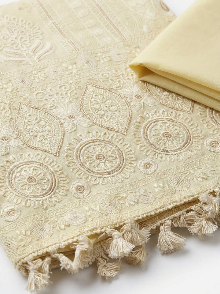 Yellow Embroidered Chanderi Unstitched Suit &amp; Pant With Chanderi Dupatta