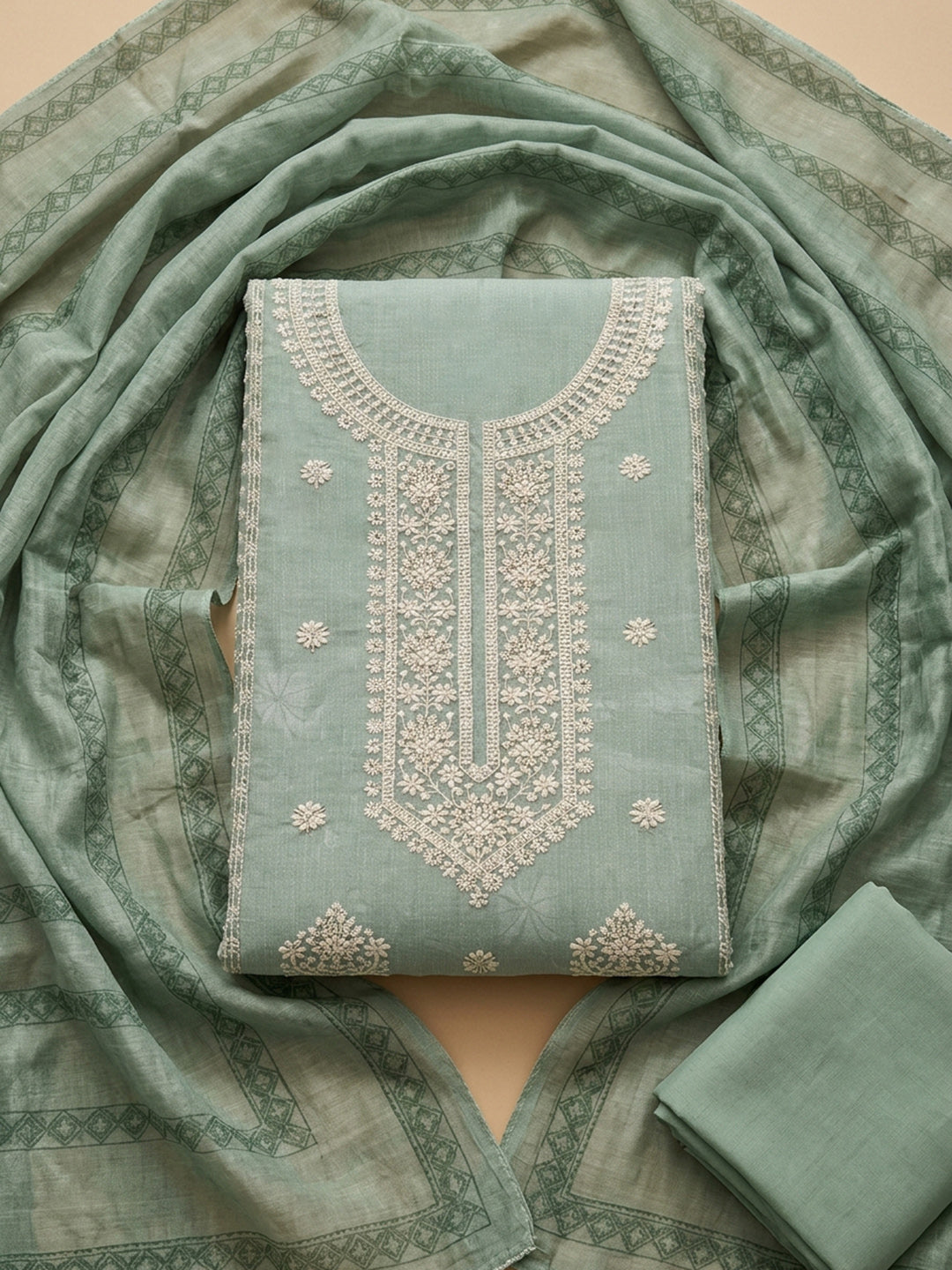 Aqua Green Embroidered Linen Blend Unstitched Suit &amp; Pant With Linen Dupatta