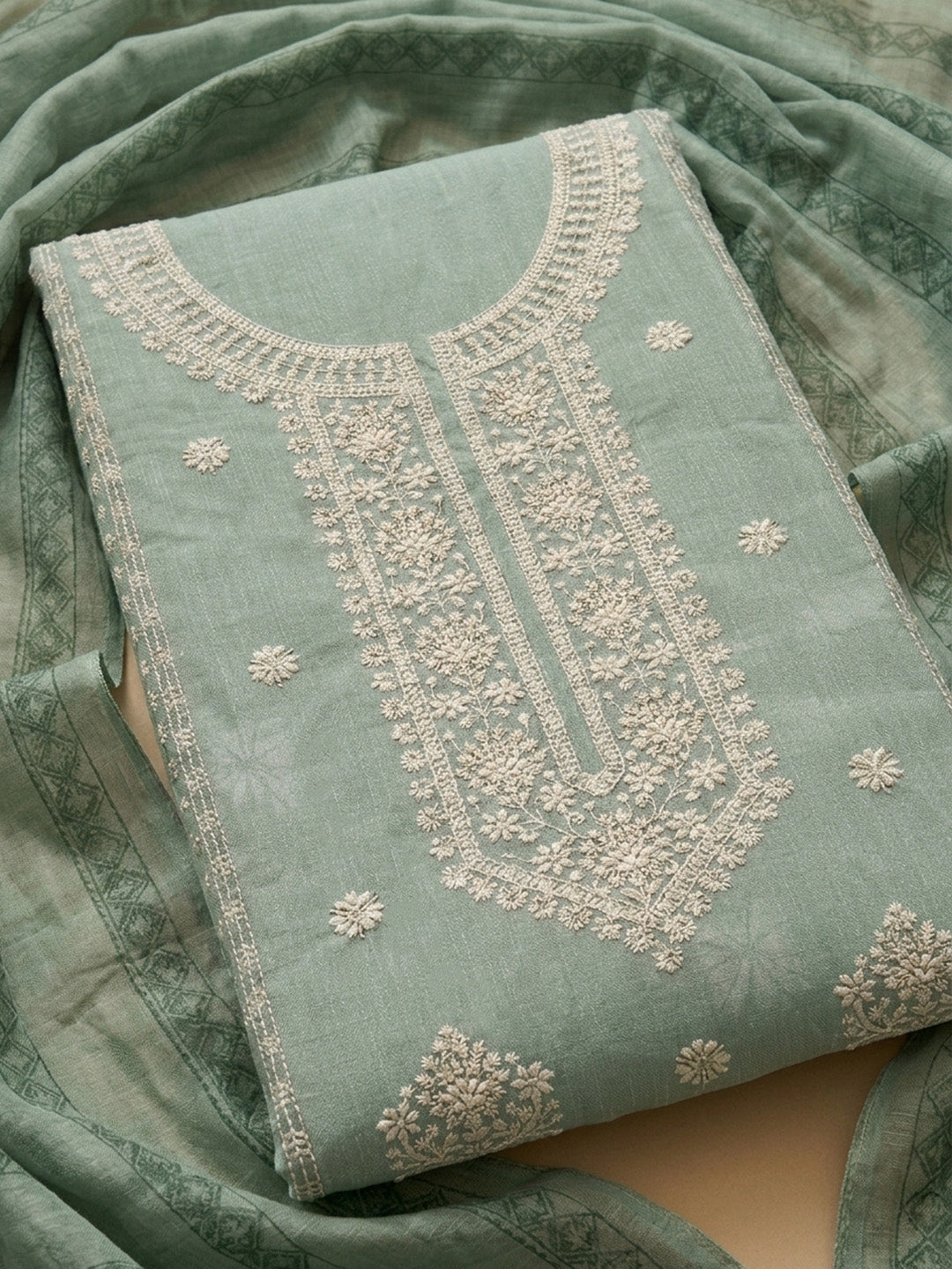 Aqua Green Embroidered Linen Blend Unstitched Suit &amp; Pant With Linen Dupatta