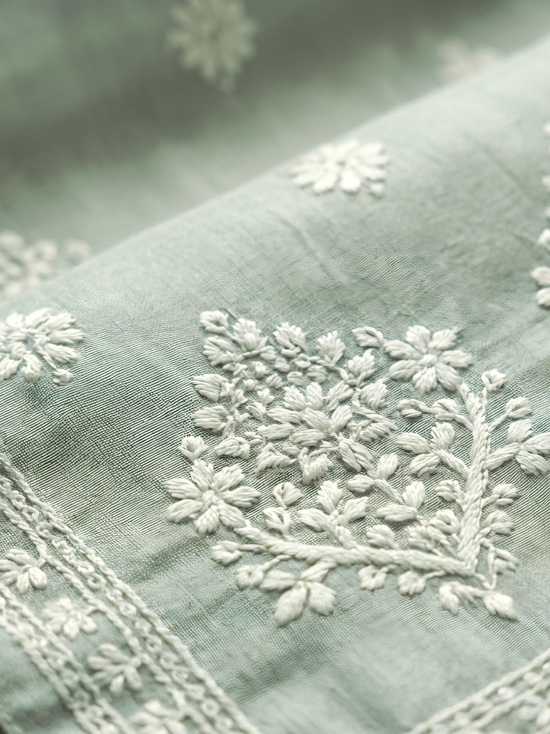 Aqua Green Embroidered Linen Blend Unstitched Suit &amp; Pant With Linen Dupatta