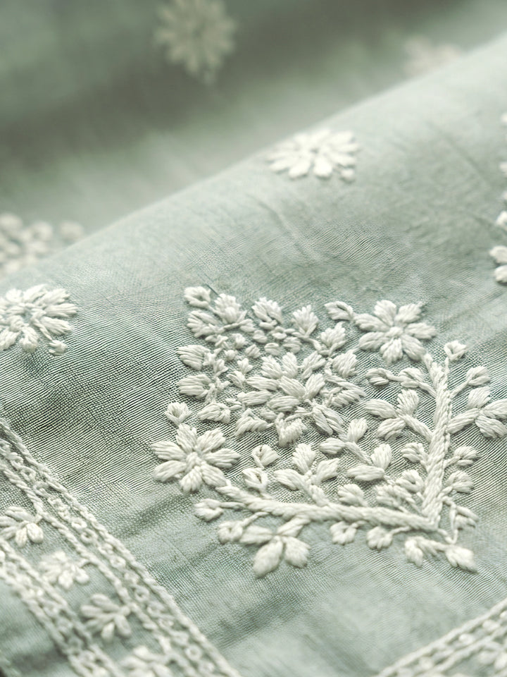 Aqua Green Embroidered Linen Blend Unstitched Suit &amp; Pant With Linen Dupatta