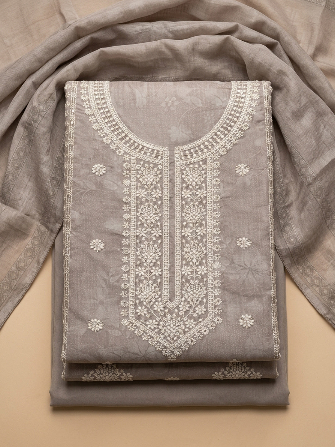 Beige Embroidered Linen Blend Unstitched Suit &amp; Pant With Linen Dupatta