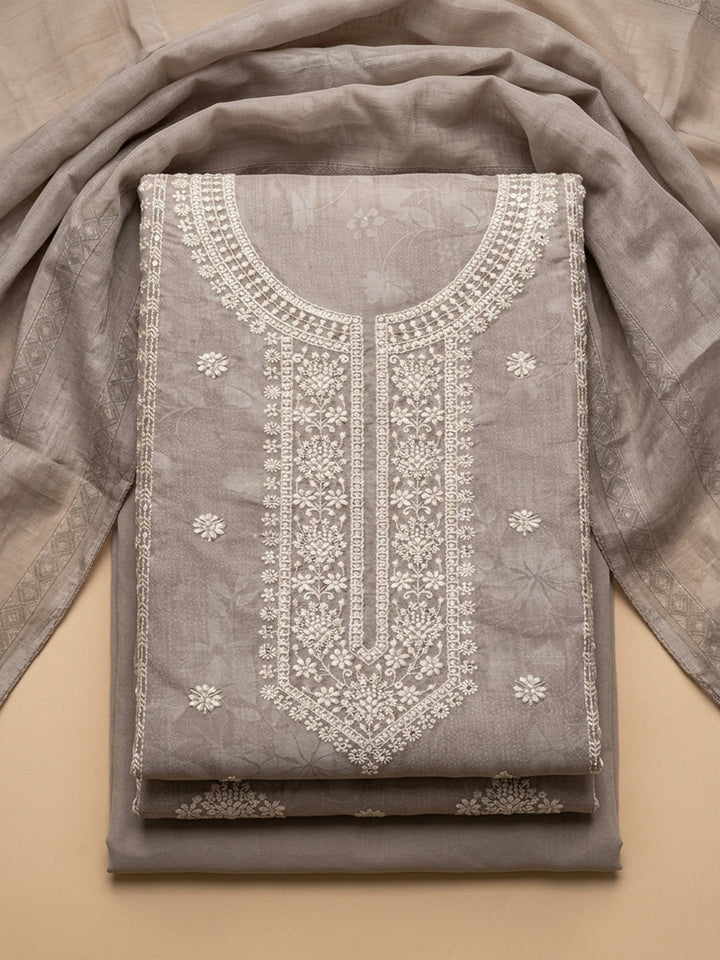 Beige Embroidered Linen Blend Unstitched Suit &amp; Pant With Linen Dupatta