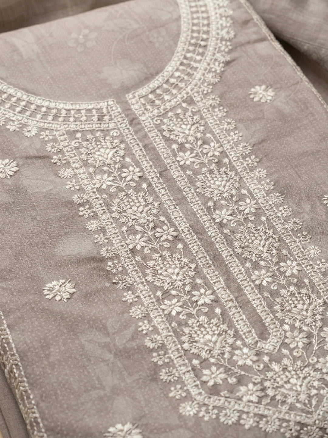 Beige Embroidered Linen Blend Unstitched Suit &amp; Pant With Linen Dupatta
