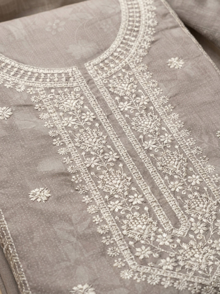 Beige Embroidered Linen Blend Unstitched Suit &amp; Pant With Linen Dupatta