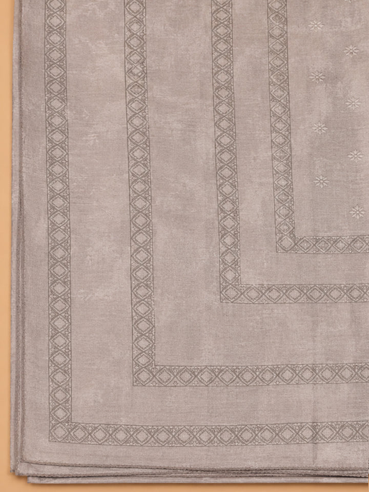 Beige Embroidered Linen Blend Unstitched Suit &amp; Pant With Linen Dupatta