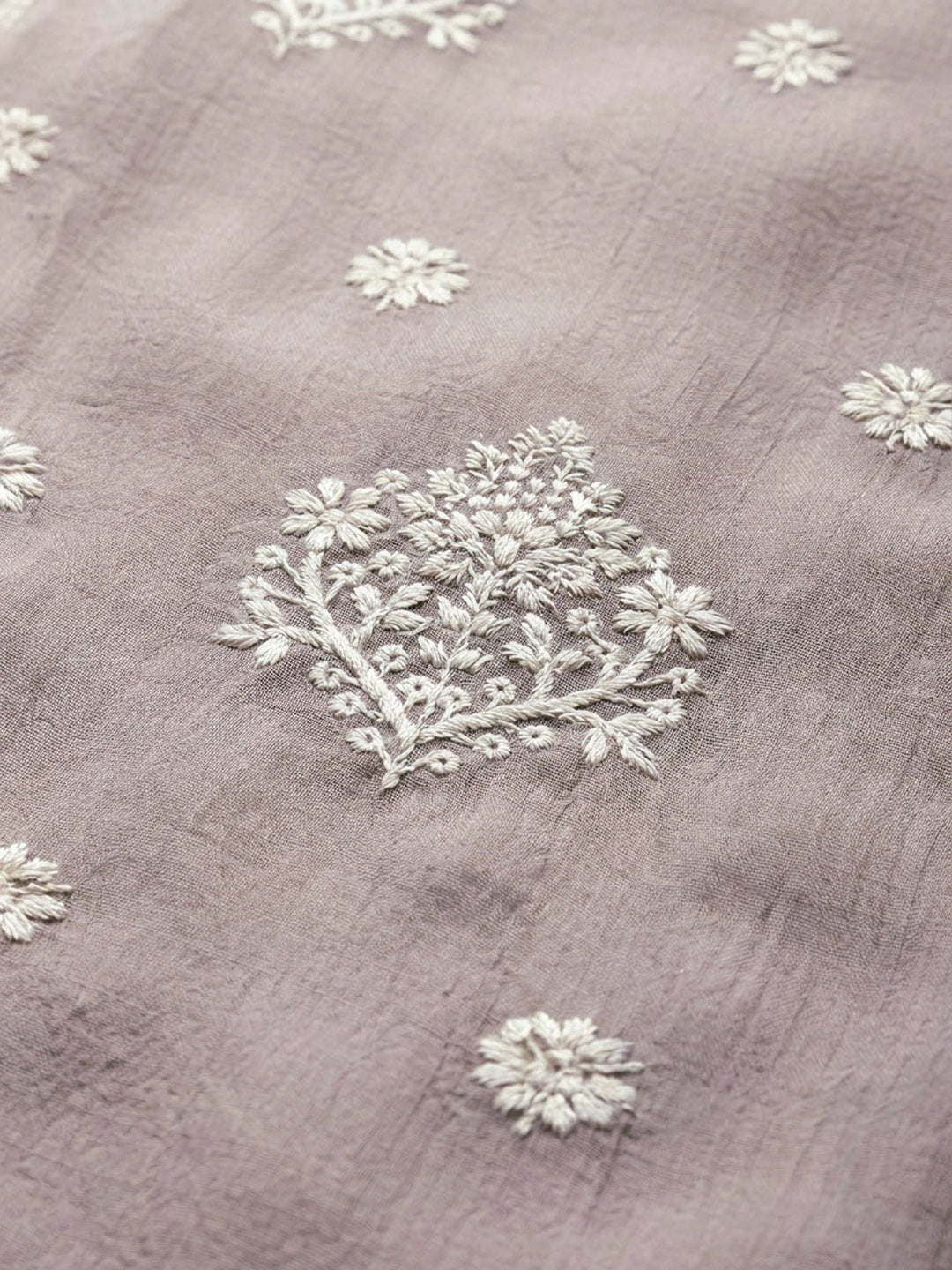 Beige Embroidered Linen Blend Unstitched Suit &amp; Pant With Linen Dupatta