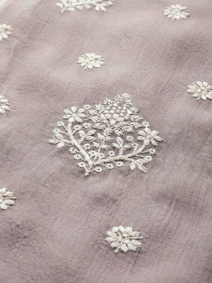 Beige Embroidered Linen Blend Unstitched Suit &amp; Pant With Linen Dupatta