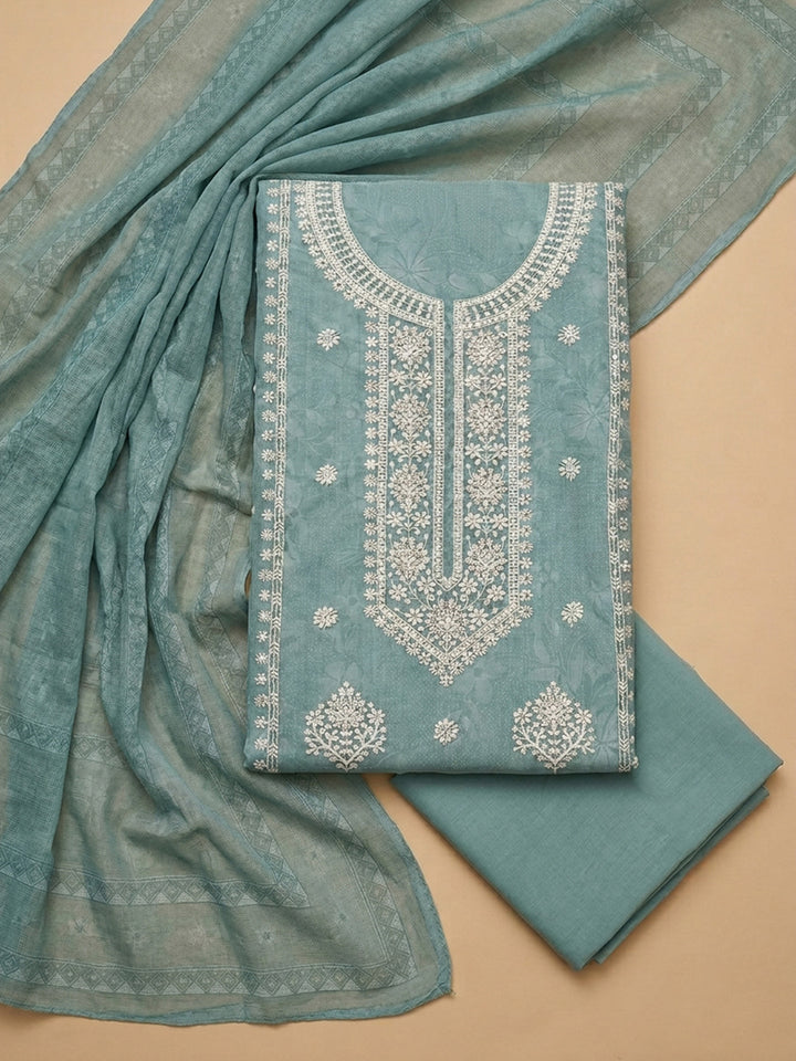 Blue Embroidered Linen Blend Unstitched Suit &amp; Pant With Linen Dupatta