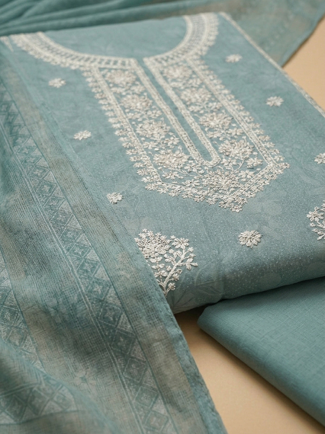 Blue Embroidered Linen Blend Unstitched Suit &amp; Pant With Linen Dupatta