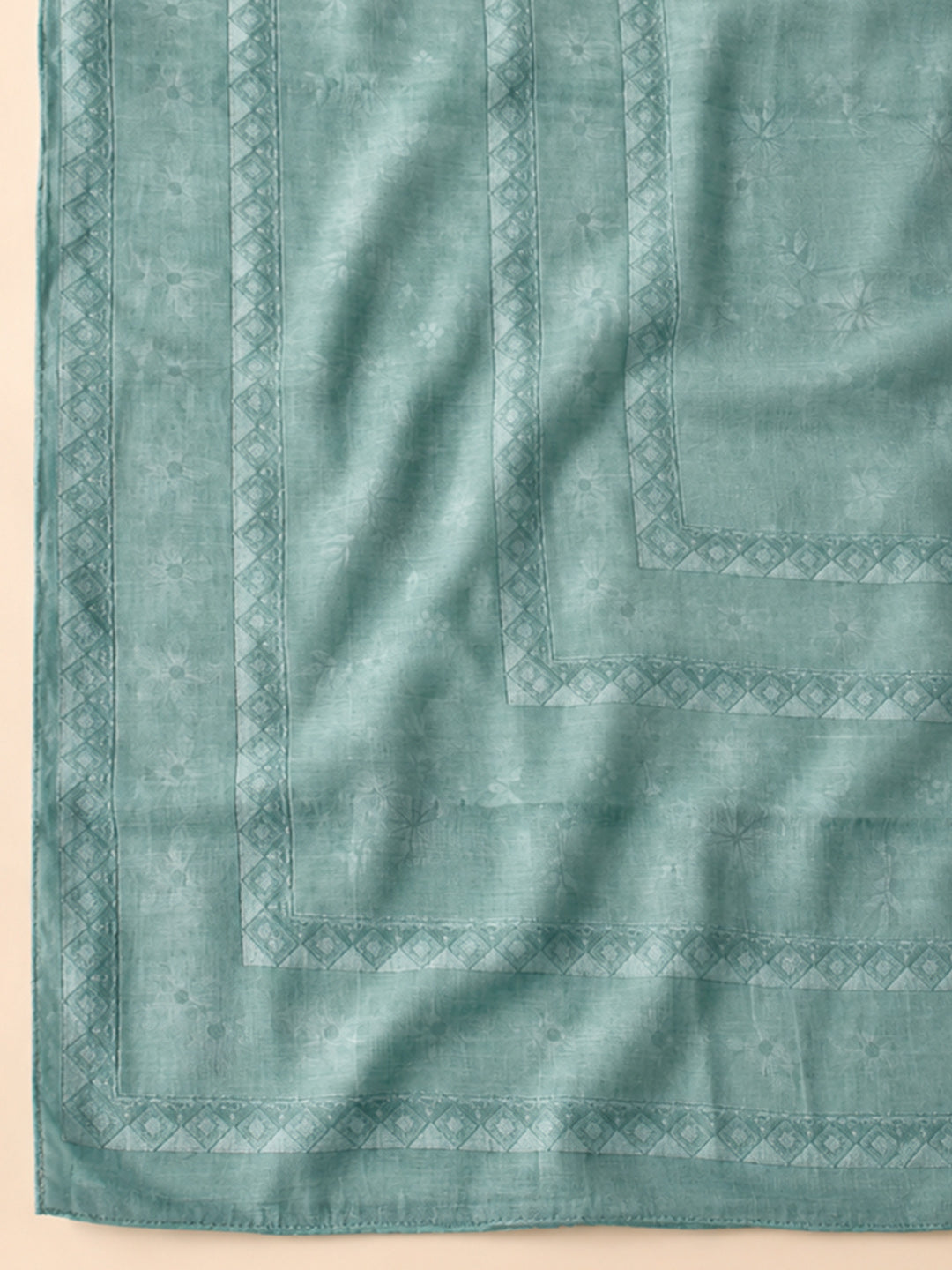 Blue Embroidered Linen Blend Unstitched Suit &amp; Pant With Linen Dupatta