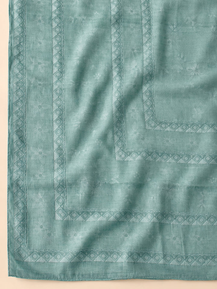 Blue Embroidered Linen Blend Unstitched Suit &amp; Pant With Linen Dupatta