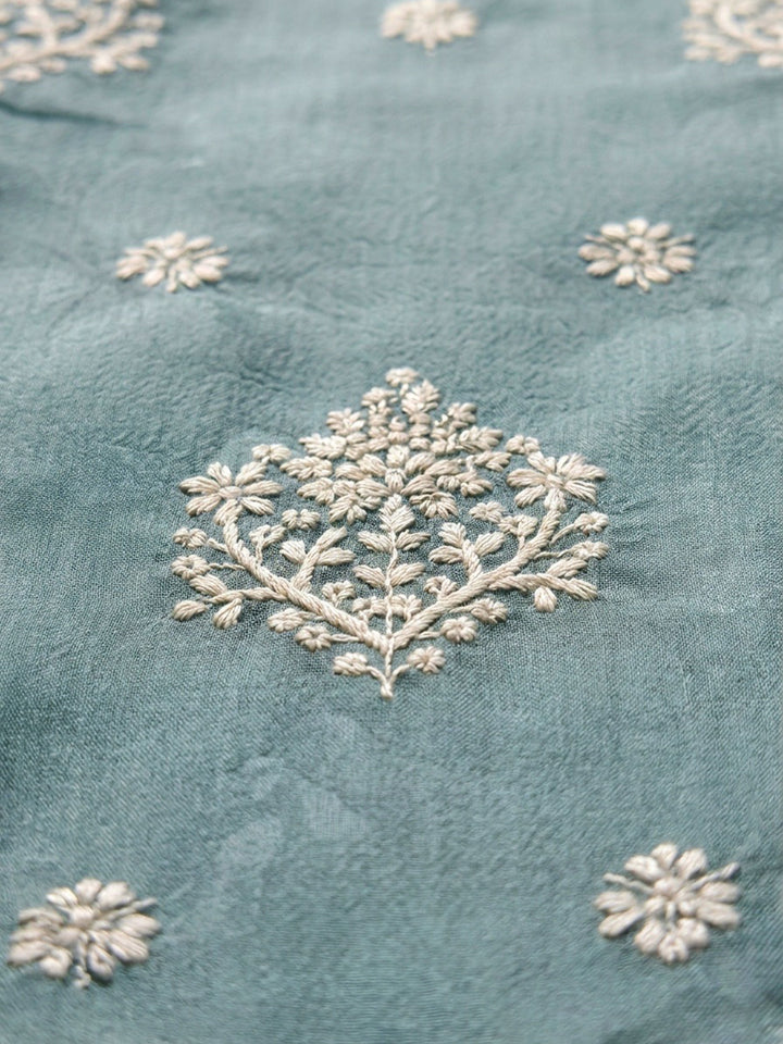 Blue Embroidered Linen Blend Unstitched Suit &amp; Pant With Linen Dupatta