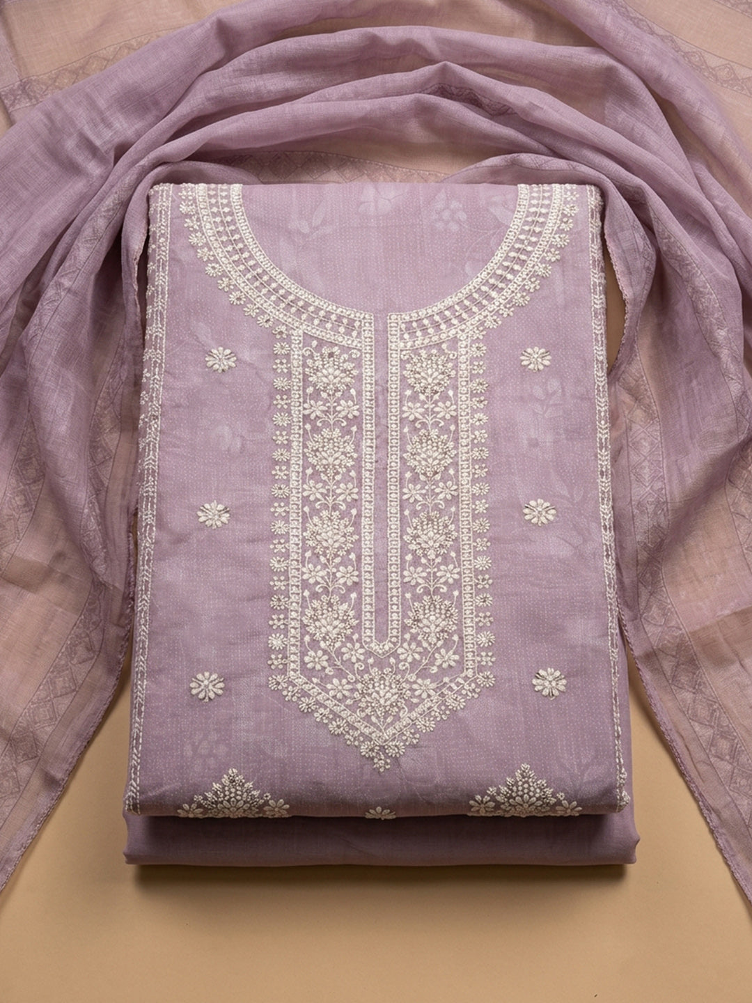 Pink Embroidered Linen Blend Unstitched Suit &amp; Pant With Linen Dupatta