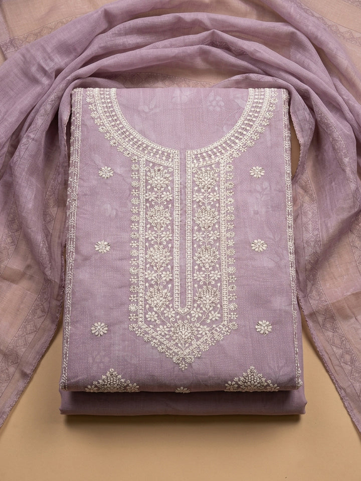 Pink Embroidered Linen Blend Unstitched Suit &amp; Pant With Linen Dupatta