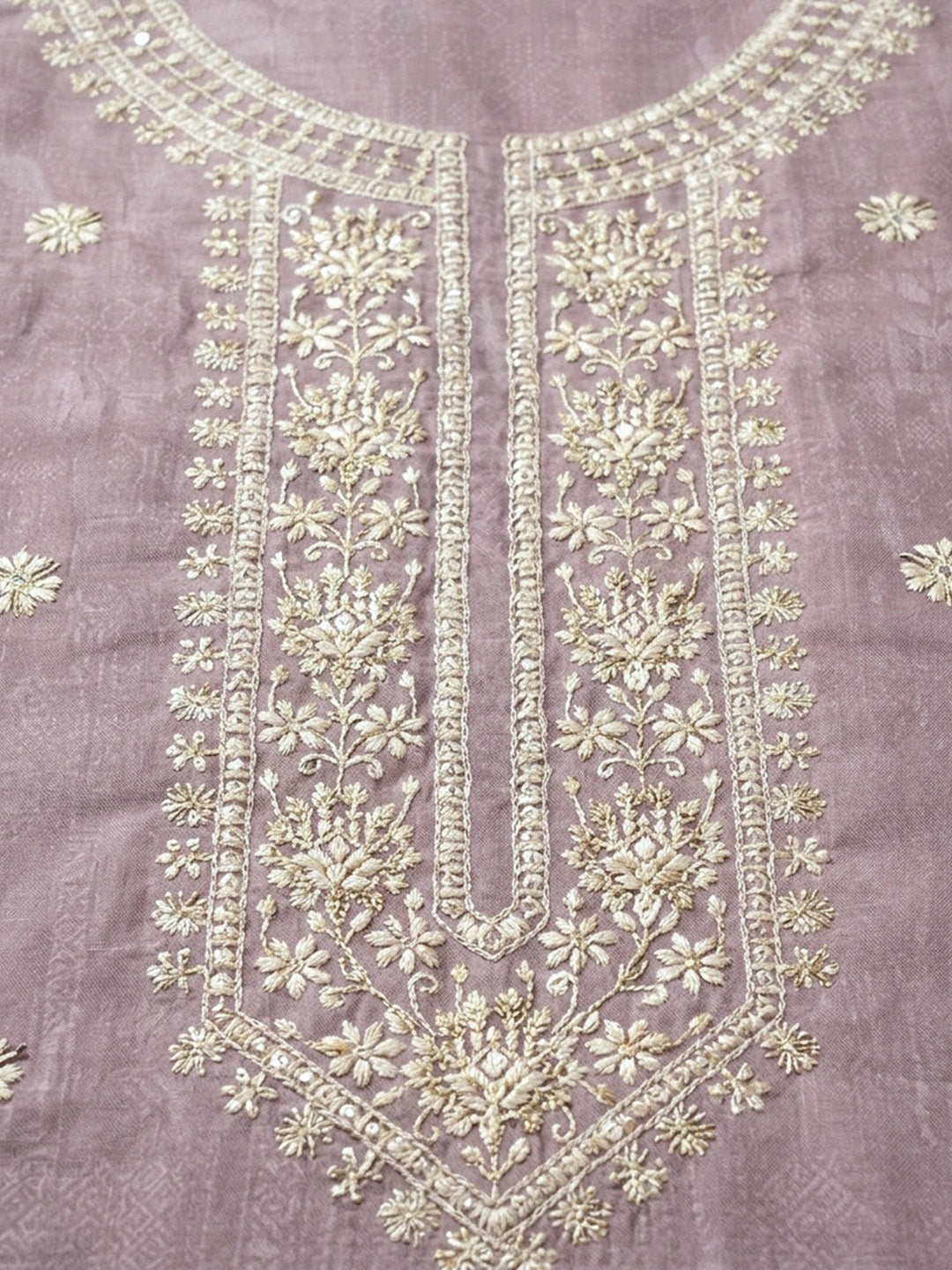 Pink Embroidered Linen Blend Unstitched Suit &amp; Pant With Linen Dupatta